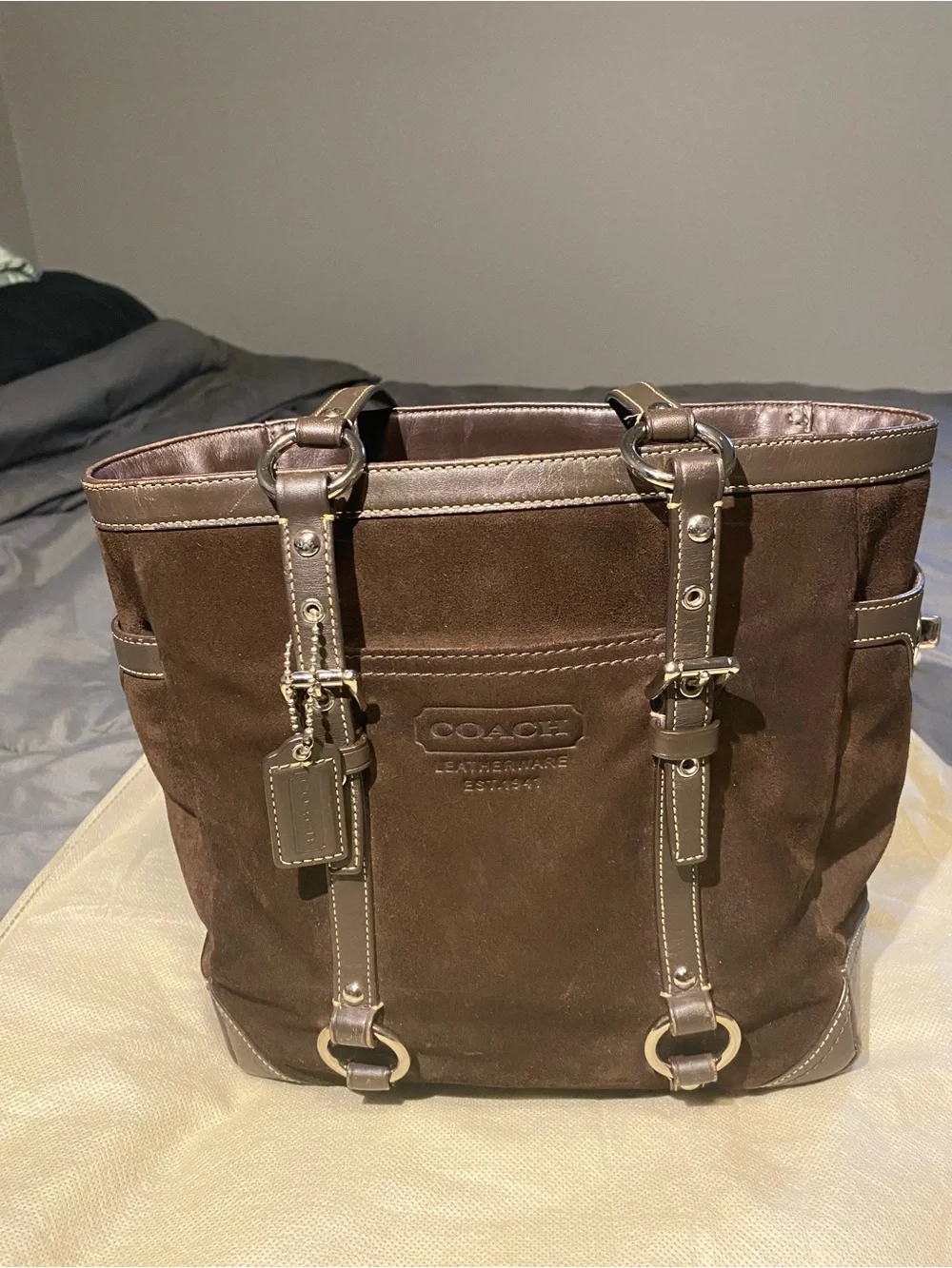 Coach Dark Brown Suede Messenger Tote with Leather Trim